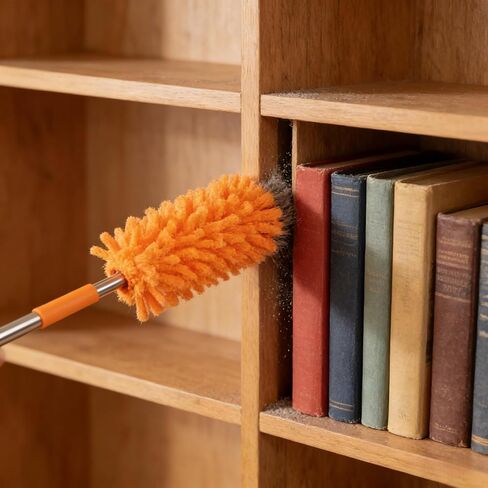 Extendable Microfiber Duster with Pole - Reusable Fan Cleaning Tool for Ceiling, Blades, Windows & Furniture, 360° Swivel Head (Orange) in Kuwait