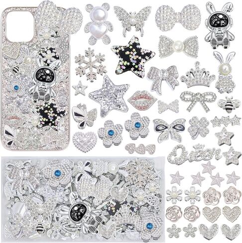 Junk Case Charms Kit,Big Junk Charms Bulk,Black Silver Y2K Big Charm for Phone Cases,Bling Flat Back Charm for Junk Socks,3D Astronaut Star Bow Planet Heart, Flatback Rhinestone Pearls for Decorating and Personalizing Customizing DIY Craft in Saudi Arabia