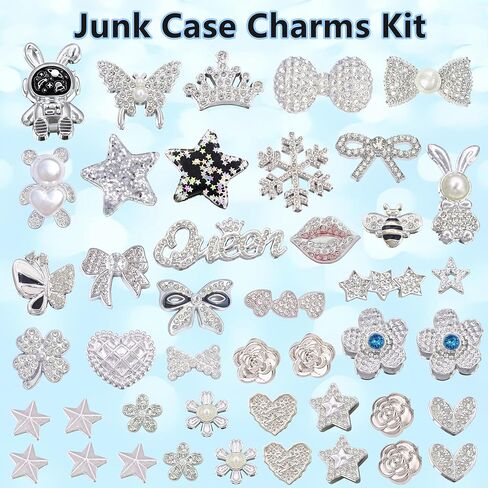 Junk Case Charms Kit,Big Junk Charms Bulk,Black Silver Y2K Big Charm for Phone Cases,Bling Flat Back Charm for Junk Socks,3D Astronaut Star Bow Planet Heart, Flatback Rhinestone Pearls for Decorating and Personalizing Customizing DIY Craft in Saudi Arabia