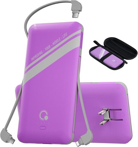 10000mAh Power Bank, Q Slim Portable Charger,4 Output External Battery Pack with Built-in AC Wall Plug Micro USB C Three Cables Compatible with All Kinds of mobilephone (Pink) in Saudi Arabia