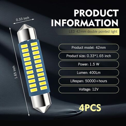 WZP 4PCS 578 LED لمبات، 42 مم 1.65 بوصة لمبة إضاءة LED ساطعة للغاية، 211-2 212-2 569 6411 6451 لمبة إضاءة قبة، عالمية للقبة الداخلية، الخريطة، وأضواء الباب، أضواء السيارة الداخلية (أبيض) in Kuwait