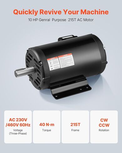 VEVOR 10 HP Electric Motor, 1770RPM Air Compressor Motor, CW/CCW Rotation, 1.375 inch Shaft Diameter, 3.88inch Shaft Length, 40N.m Torque, Three-Phase, 230V/460V, ODP Cooling, 215T Frame in Kuwait