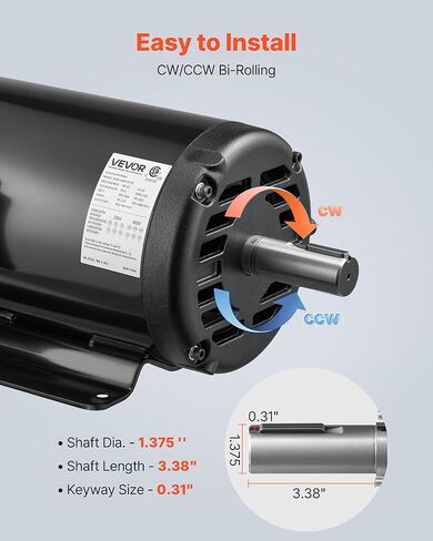 VEVOR 10 HP Electric Motor, 1770RPM Air Compressor Motor, CW/CCW Rotation, 1.375 inch Shaft Diameter, 3.88inch Shaft Length, 40N.m Torque, Three-Phase, 230V/460V, ODP Cooling, 215T Frame in Kuwait