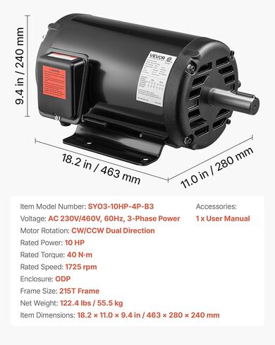 VEVOR 10 HP Electric Motor, 1770RPM Air Compressor Motor, CW/CCW Rotation, 1.375 inch Shaft Diameter, 3.88inch Shaft Length, 40N.m Torque, Three-Phase, 230V/460V, ODP Cooling, 215T Frame in Kuwait