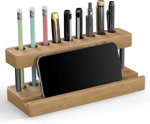 Wooden Holder for Office Desk, Solid Wood Pen Display Stand With 9 Slots and Cell Phone Holder, Aesthetic Pen Organizer for Minimalist Office Desk Decor (Wood+Black) in Saudi Arabia
