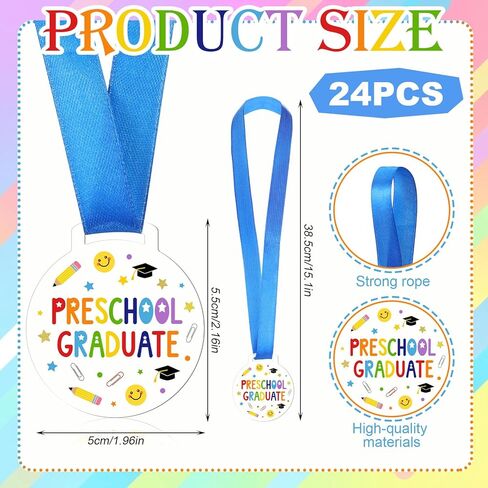 Kenning 24 Pcs Pre-school Graduation Medal Bulk 2 Inch Acrylic Award Medals with Neck Ribbon Cute Gifts Party Favor Supplies Decorations in Kuwait