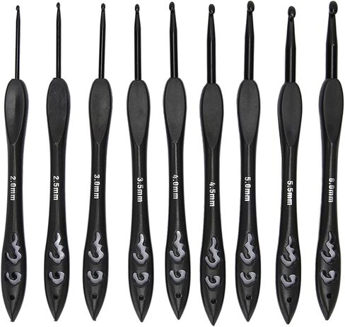 مجموعة خطافات كروشيه مريحة، تقلل التشنجات، خطاف بمقبض أسود، 9 قطع إبر ألومنيوم 2.0-6.0 مم بأحجام محددة، للبطانيات والأوشحة والألعاب in Kuwait