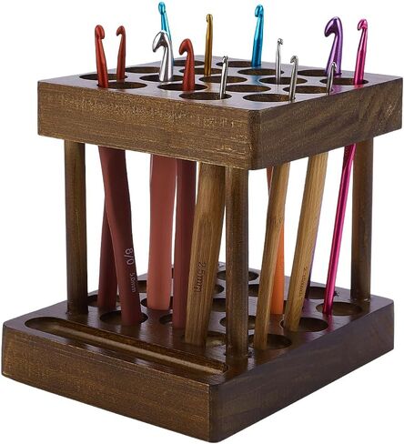 FINGERINSPIRE Wooden Crochet Hooks Holder Square Crochet Hook Crafts Organizer With 17 Holes Coconut Brown Pine Wood Knitting Tool Holder Sewing Supplies Storage for Knitting Needles in Kuwait