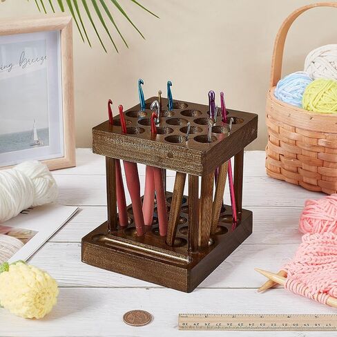 FINGERINSPIRE Wooden Crochet Hooks Holder Square Crochet Hook Crafts Organizer With 17 Holes Coconut Brown Pine Wood Knitting Tool Holder Sewing Supplies Storage for Knitting Needles in Kuwait