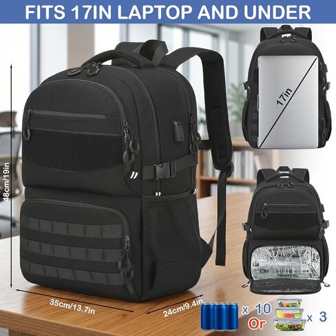 Laptop Lunch Backpack for Men - Large Capacity Tactical Insulated Backpack Cooler with USB Post and Lunch Box Compartment RFID Lunch Box Backpack for Work, Travel, Picnic, Black in Saudi Arabia