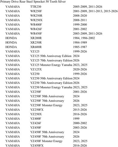 ضرس فولاذي خلفي للمحرك الأساسي 50 سن فضي متوافق مع Yamaha YZ 125/250 1999-2026، YZ 250F 2001-2026، YZ 450F 2003-2026 in Kuwait