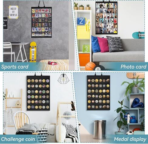 36 Pocket Card Display Wall Hanging, Solid Wood Frame Trading Card Display with Clear PVC Pockets, for Baseball Football Cards, Photo Cards, Challenge Coins, Black in Saudi Arabia