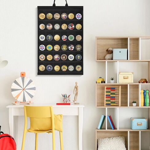 36 Pocket Card Display Wall Hanging, Solid Wood Frame Trading Card Display with Clear PVC Pockets, for Baseball Football Cards, Photo Cards, Challenge Coins, Black in Saudi Arabia