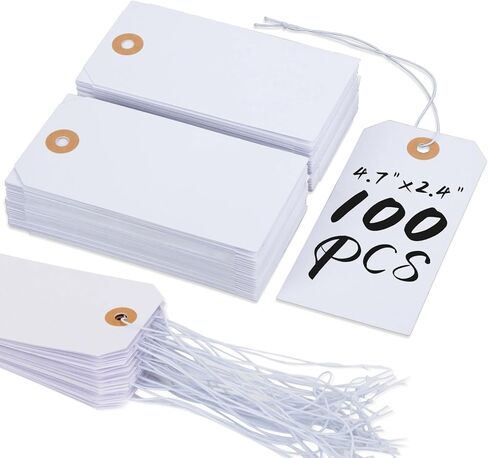100 قطعة من العلامات الورقية DIY مع سلاسل - ملصقات شحن فارغة معلقة مسبقًا من CARGEN، علامات شحن فارغة مع سلسلة مرنة، بطاقة سعر كبيرة قابلة للكتابة (4 3/4 × 2 3/8، أبيض) in Kuwait