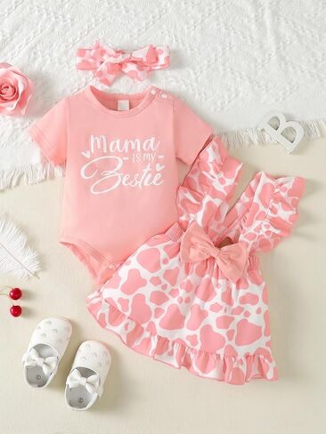 Baby Girl 3 Piece Outfit Set Mama Is My Bestie Romper with Ruffle Skirt and Bow Headband Newborn Infant in Saudi Arabia