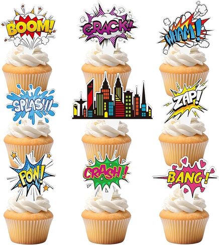 72Pcs Super Hero Cupcake Toppers Comic Cityscape Cake Decorations Cartoon City Hero Theme Birthday Party Supplies Celebrating Party Events Baby Shower in Saudi Arabia
