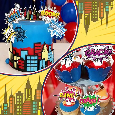 72Pcs Super Hero Cupcake Toppers Comic Cityscape Cake Decorations Cartoon City Hero Theme Birthday Party Supplies Celebrating Party Events Baby Shower in Saudi Arabia