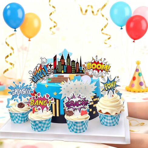 72Pcs Super Hero Cupcake Toppers Comic Cityscape Cake Decorations Cartoon City Hero Theme Birthday Party Supplies Celebrating Party Events Baby Shower in Saudi Arabia