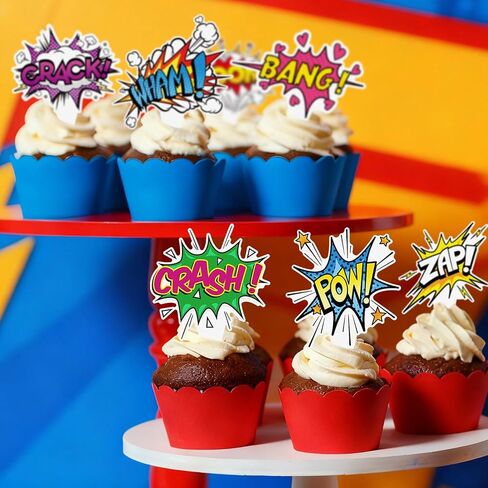72Pcs Super Hero Cupcake Toppers Comic Cityscape Cake Decorations Cartoon City Hero Theme Birthday Party Supplies Celebrating Party Events Baby Shower in Saudi Arabia
