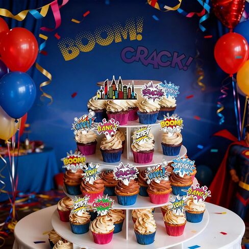 72Pcs Super Hero Cupcake Toppers Comic Cityscape Cake Decorations Cartoon City Hero Theme Birthday Party Supplies Celebrating Party Events Baby Shower in Saudi Arabia