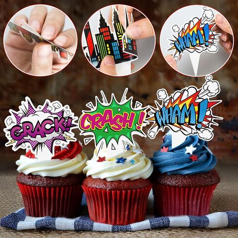 72Pcs Super Hero Cupcake Toppers Comic Cityscape Cake Decorations Cartoon City Hero Theme Birthday Party Supplies Celebrating Party Events Baby Shower in Saudi Arabia