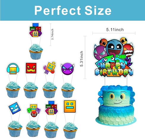 25pcs Cartoon For Geometry Aesthetic Dash Birthday Decorations with 24pcs Cupcake Toppers, 1pcs Cake Topper for Birthday Party Supplies. in Saudi Arabia