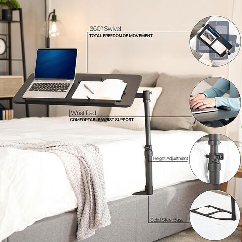 Height Adjustable Under Mattress 30 inch Bedside Desk, Works with Lofts and Beds Without Frames, Tilting Desktop, Fits Laptops, Books, and More, Black in Saudi Arabia