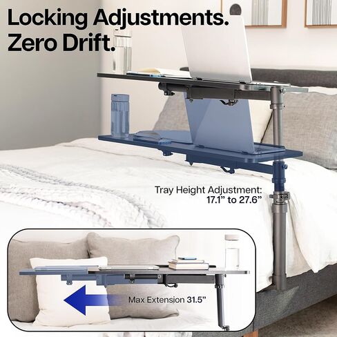 Height Adjustable Under Mattress 30 inch Bedside Desk, Works with Lofts and Beds Without Frames, Tilting Desktop, Fits Laptops, Books, and More, Black in Saudi Arabia