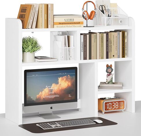 Desk Shelf, Desktop Hutch with 6 Storage Areas, Desktop Organizer Shelf with 27" Large Monitor Compartment, Multipurpose Wood Desktop Display Rack for Computer Desk, Dorm, Office, Home (White) in Saudi Arabia