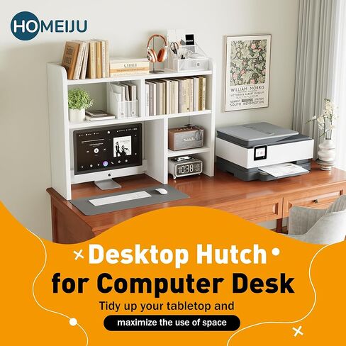 Desk Shelf, Desktop Hutch with 6 Storage Areas, Desktop Organizer Shelf with 27" Large Monitor Compartment, Multipurpose Wood Desktop Display Rack for Computer Desk, Dorm, Office, Home (White) in Saudi Arabia
