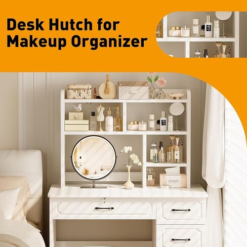 Desk Shelf, Desktop Hutch with 6 Storage Areas, Desktop Organizer Shelf with 27" Large Monitor Compartment, Multipurpose Wood Desktop Display Rack for Computer Desk, Dorm, Office, Home (White) in Saudi Arabia