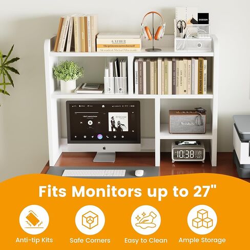 Desk Shelf, Desktop Hutch with 6 Storage Areas, Desktop Organizer Shelf with 27" Large Monitor Compartment, Multipurpose Wood Desktop Display Rack for Computer Desk, Dorm, Office, Home (White) in Saudi Arabia
