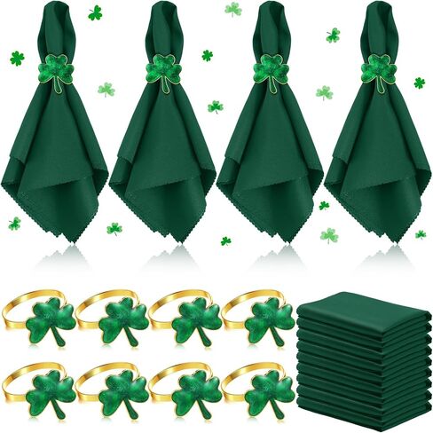 Gerrii 16 Pcs St. Patrick's Day Napkin Rings Set 8 Pcs Green Metal Napkin Rings Holder and 8 Pcs Green Washable Napkins Cloth for St. Patrick's Day Dinner Party Table Decoration (Hats, Boots) in Saudi Arabia