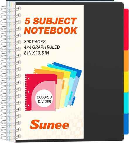 دفتر ورق رسم بياني من SUNEE مقاس 4 × 4 مسطر بشبكة - 300 صفحة، 5 فواصل جيب مبوبة، 8 بوصة × 10.5 بوصة، 3 فتحات مثقوبة، غطاء PP متين - دفتر شبكي حلزوني للهندسة والعمل والمدرسة، أسود in Kuwait