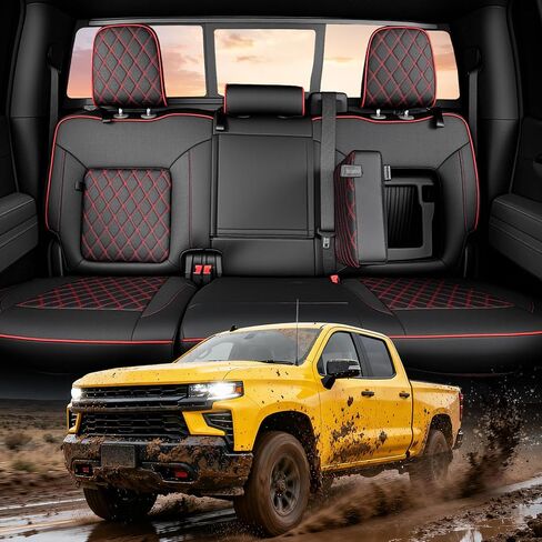أغطية مقاعد السيارة TAPTES مناسبة خصيصًا لسيارة Chevy Silverado وGMC Sierra 1500 مع صندوق تخزين المقعد الخلفي 2025 2024 2023 2022 2021 2020 2019، مجموعة كاملة من الشاحنات الجلدية المقاومة للماء (أسود وأحمر) in Kuwait