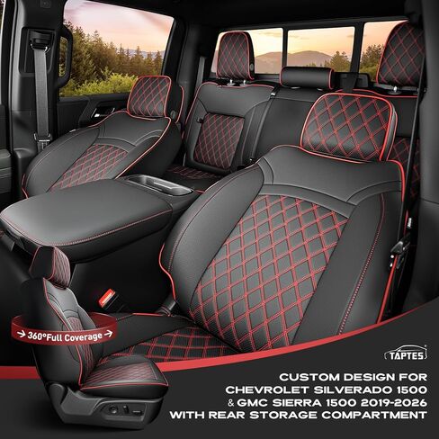 أغطية مقاعد السيارة TAPTES مناسبة خصيصًا لسيارة Chevy Silverado وGMC Sierra 1500 مع صندوق تخزين المقعد الخلفي 2025 2024 2023 2022 2021 2020 2019، مجموعة كاملة من الشاحنات الجلدية المقاومة للماء (أسود وأحمر) in Kuwait