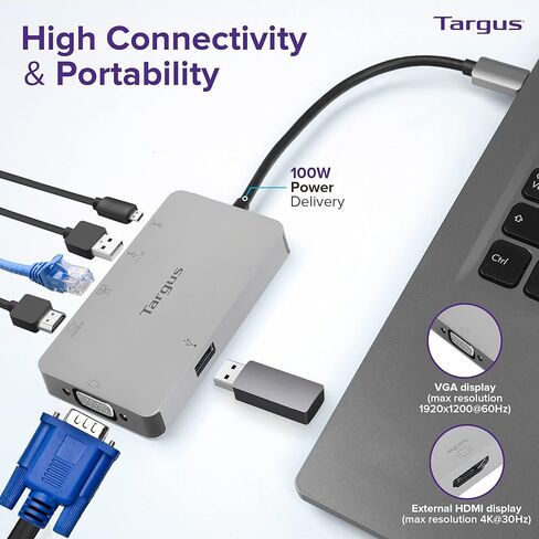 Targus USB-C Alt Mode Single Video 4K HDMI/VGA Adapter, Ethernet, 2 x USB-A with 100W Power Delivery Pass-Thru (DOCK419EUZ) in Saudi Arabia