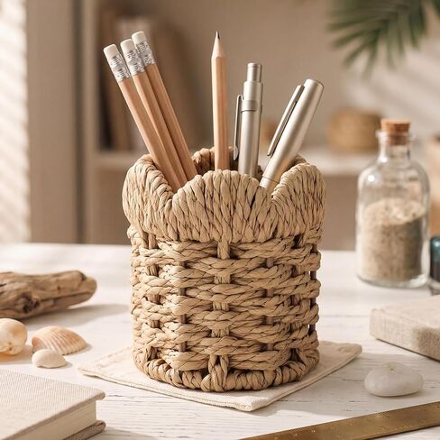 Dunzoom Coastal Theme Paper Rope Pencil Holder Decorative Scalloped Woven Pen Holder Desk Organizer Pen Container Box for Office Home Desktop Kitchen in Kuwait