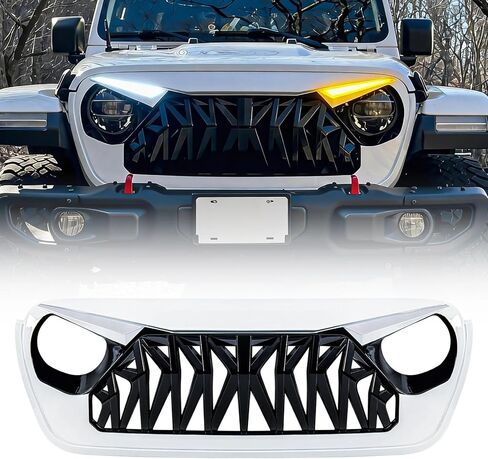 شبكة القرش الأمامية متوافقة مع 2018-2025 Jeep Wrangler JL JLU Gladiator JT، مع مصابيح إشارة الانعطاف DRL، أبيض أسود in Kuwait