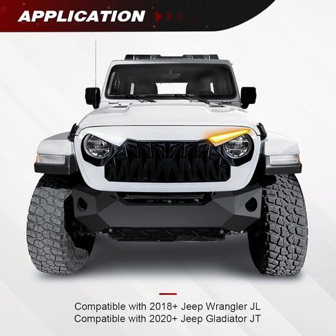 شبكة القرش الأمامية متوافقة مع 2018-2025 Jeep Wrangler JL JLU Gladiator JT، مع مصابيح إشارة الانعطاف DRL، أبيض أسود in Kuwait