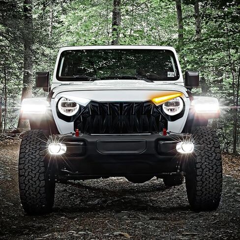 شبكة القرش الأمامية متوافقة مع 2018-2025 Jeep Wrangler JL JLU Gladiator JT، مع مصابيح إشارة الانعطاف DRL، أبيض أسود in Kuwait
