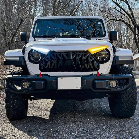 شبكة القرش الأمامية متوافقة مع 2018-2025 Jeep Wrangler JL JLU Gladiator JT، مع مصابيح إشارة الانعطاف DRL، أبيض أسود in Kuwait