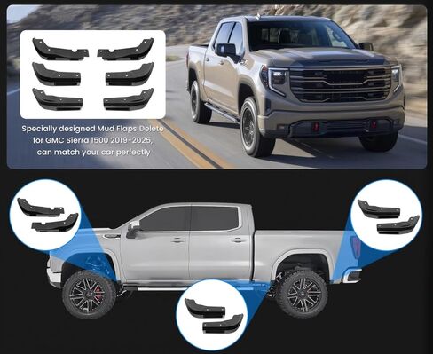 Mud Flap Delete Compatible with 2025 2024 2023 2022 2021 2020 2019 GMC Sierra 1500 2WD/4WD |Front & Rear Mud Flaps for GMC Sierra 1500 Accessories,Heavy Duty ABS,Black in Saudi Arabia