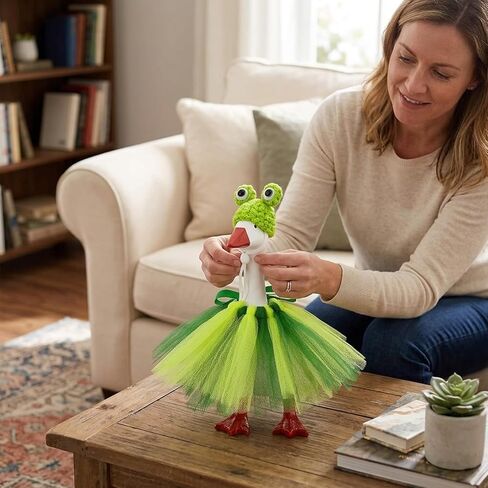 7 Inch Goose Outfits, Frog Themed Desk Goose Costume with Adjustable Green Tutu Dress and Crown, Festive Home Decor Accessory for Porch Displays and Cosplay Events in Kuwait