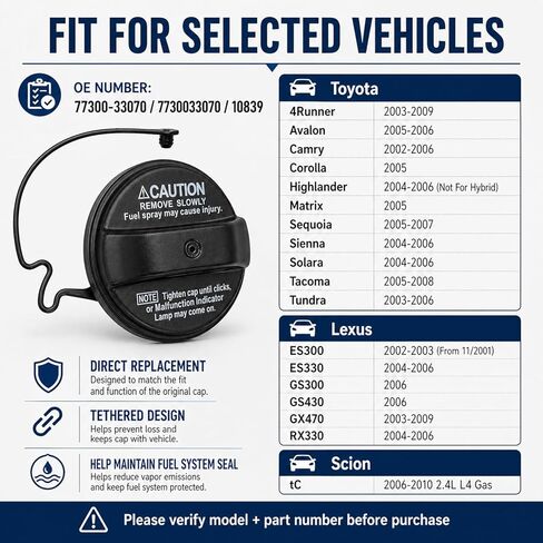 Gas Cap Replacement for Toyota Corolla Camry Sienna Solara 4Runner Avalon Tacoma Matrix Highlander Sequoia Tundra Lexus ES300 330 GS300 GS430 GX470 Scion tC, Fuel Tank Cap w/Tether 77300-33070 in Saudi Arabia