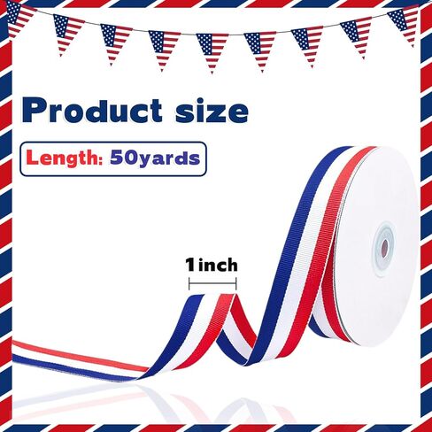 شريط العلم الأمريكي Grosgrain مقاس 1 بوصة × 50 ياردة، شريط وطني أحمر أبيض وأزرق لزينة الرابع من يوليو، مصنوعات يوم الذكرى، تغليف الهدايا، أقواس الشعر، ميداليات البيسبول المدرسية in Kuwait