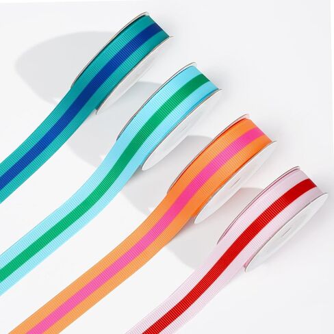 FYSUIMU Stripe Grosgrain Ribbon 0.6 Inch Summer Colorful Fabric Wrapping Ribbon for Pride Day Spring Holiday Gift Cake Present Wrapping DIY Crafts Wreath Hair Bow Making Supplies, 4 Rolls, 20 Yard in Kuwait
