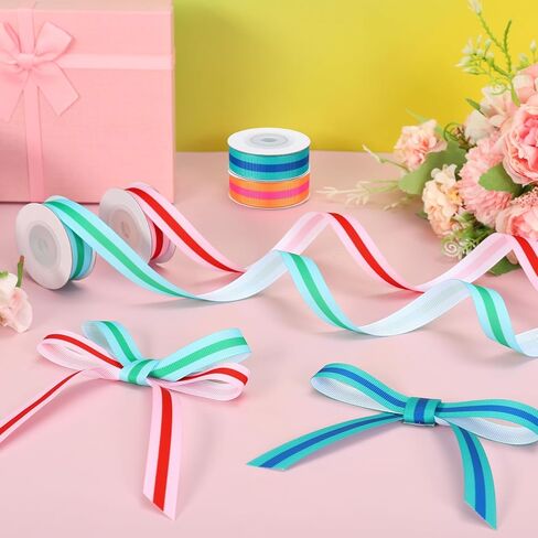 FYSUIMU Stripe Grosgrain Ribbon 0.6 Inch Summer Colorful Fabric Wrapping Ribbon for Pride Day Spring Holiday Gift Cake Present Wrapping DIY Crafts Wreath Hair Bow Making Supplies, 4 Rolls, 20 Yard in Kuwait