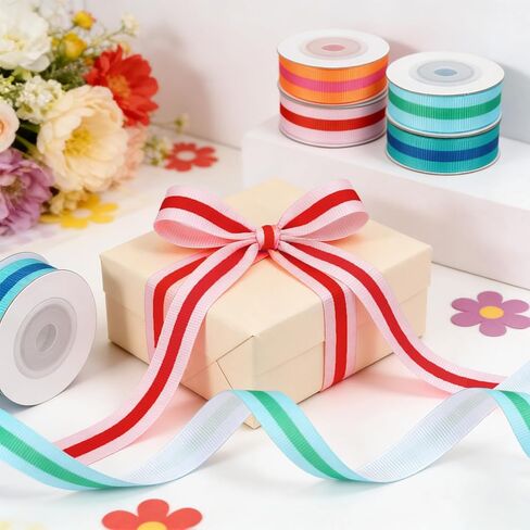FYSUIMU Stripe Grosgrain Ribbon 0.6 Inch Summer Colorful Fabric Wrapping Ribbon for Pride Day Spring Holiday Gift Cake Present Wrapping DIY Crafts Wreath Hair Bow Making Supplies, 4 Rolls, 20 Yard in Kuwait