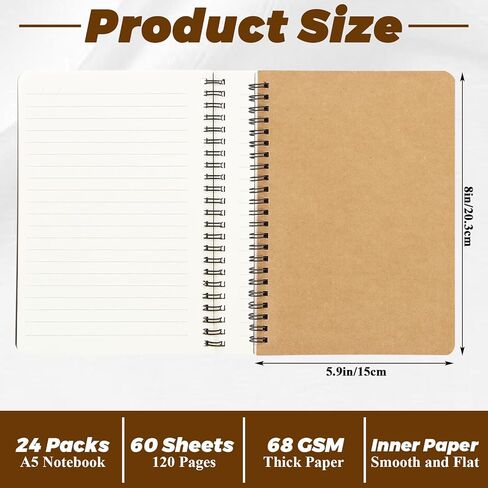 24 Pack A5 Bulk Spiral Notebooks with Kraft Cover, 8 x 5.9 Inch 120 Pages Spiral Lined Notebook Journal, Ruled Lined Travel Bulk Writing Paper Notebook for School Business Office Supplies in Kuwait